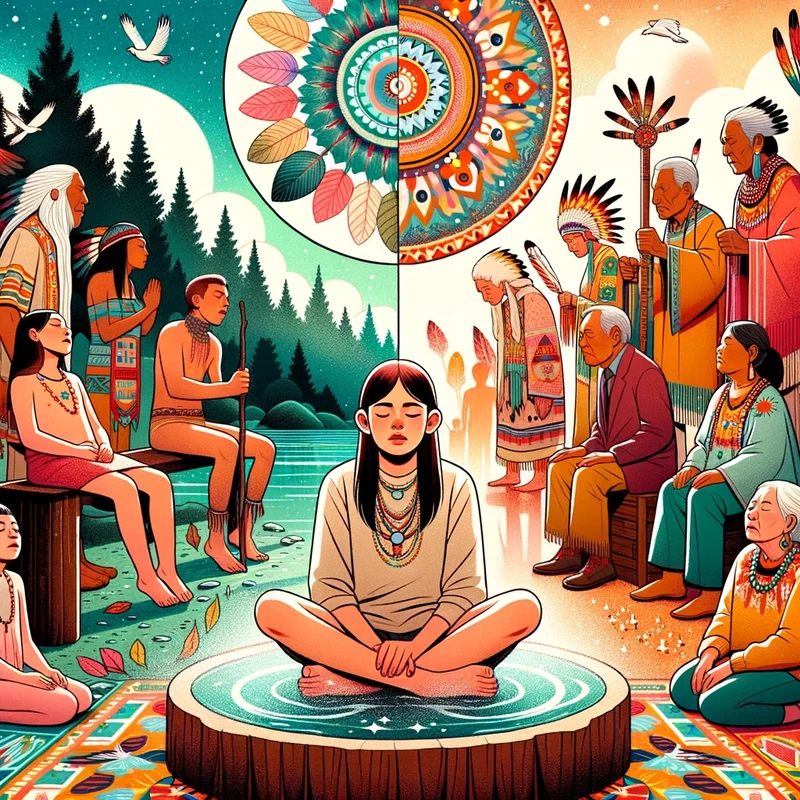 Illustration  A montage of diverse indigenous people from various cultures engaging in different rites of passage. In one section, a young boy undergo