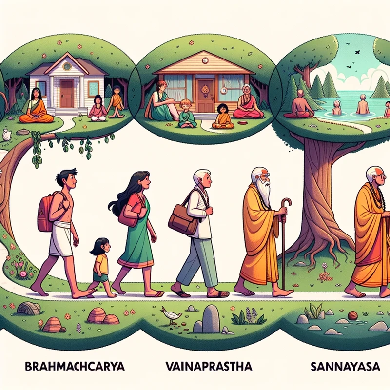 Illustration  A timeline spanning from left to right, depicting the ashramas or life stages in Hinduism. Each stage is represented by a character of d