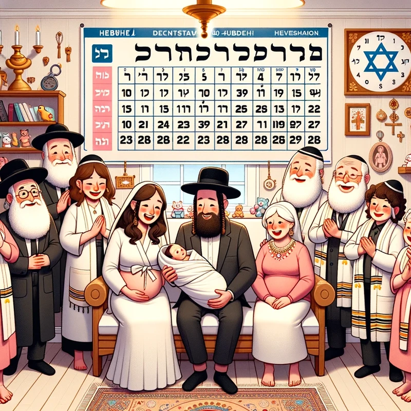 Photo  A Jewish family of diverse descents and genders celebrating a newborn baby’s birth at home. The room is adorned with symbols of Jewish culture,