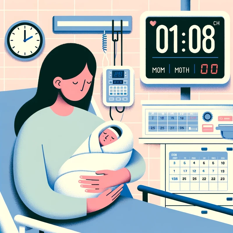 Photo  A hospital room with a newborn baby wrapped in a blanket, held by a mother of diverse descent. A digital clock on the wall displays the current