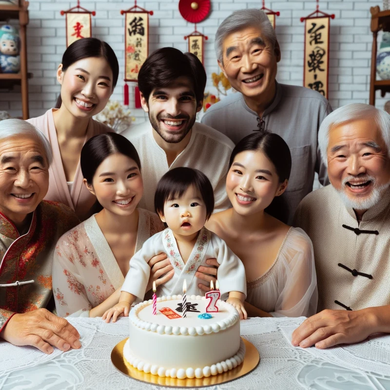Photo  A traditional East Asian family gathering around a table with a birthday cake for a baby of diverse descent. The cake has two candles lit, even