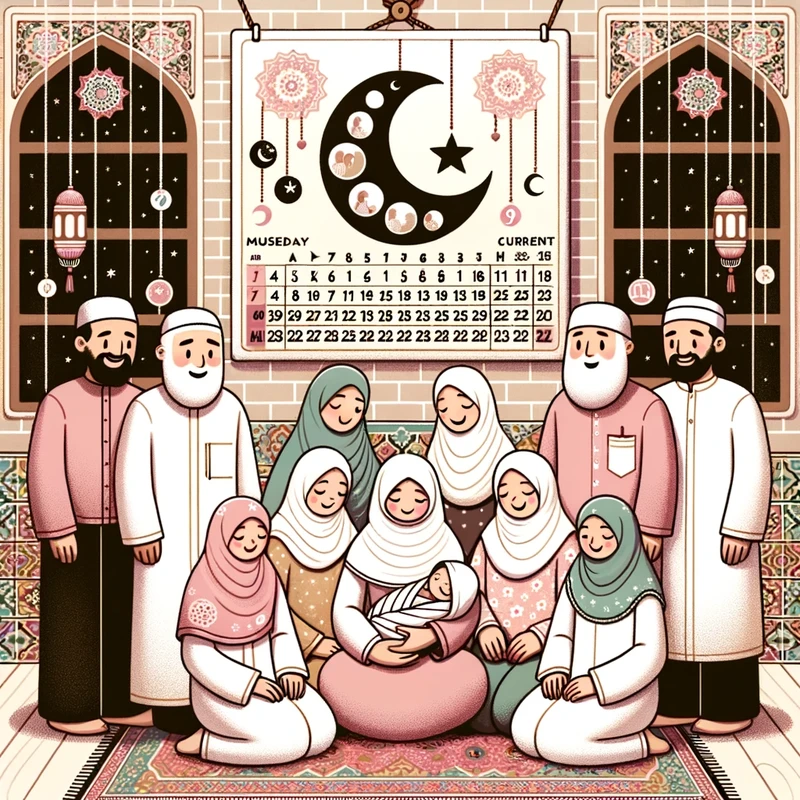 Photo  An Islamic family of diverse descents and genders gathered around a newborn baby. A lunar calendar hangs on the wall, with 9 months highlighted