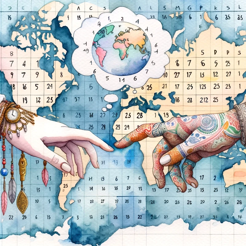 Watercolor Painting  Two hands reaching out to one another against a backdrop of a world map. One hand is adorned with Western jewelry, while the othe
