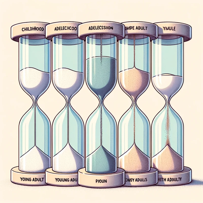 Illustration of a series of hourglasses, each representing a different phase of life such as childhood, adolescence, young adulthood, and so on. Sand 
