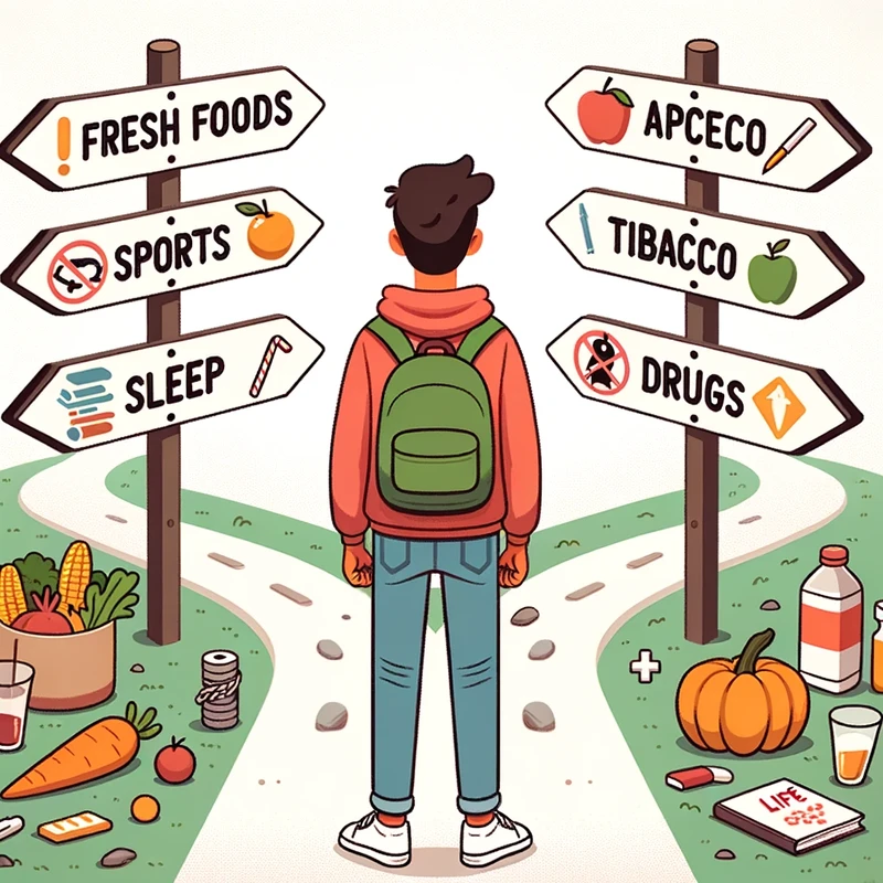 Illustration of a teenager standing at a crossroads. One path is filled with symbols of healthy lifestyle choices like fresh foods, sports, and proper