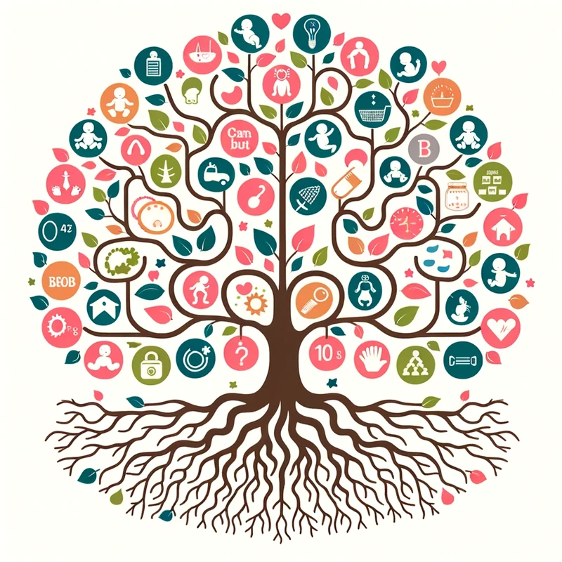 Vector design of a tree representing a child’s growth from birth to 10 years. The roots of the tree symbolize foundational needs like nutrition and he