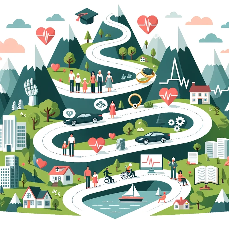 Vector illustration of a journey path winding through mountains, valleys, and landscapes representing the various stages of adulthood from 20 to 60 ye