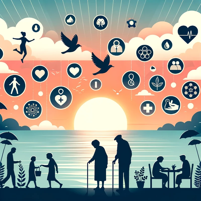 Vector illustration of a serene sunset over a tranquil sea, with silhouettes of elderly individuals participating in various activities like walking