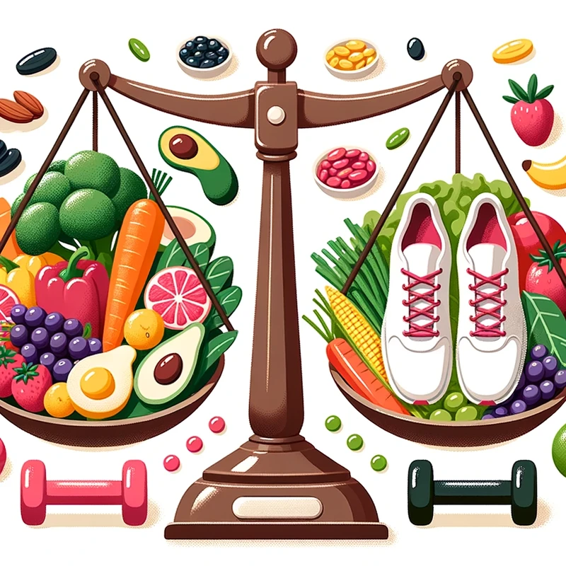 Illustration of a balanced scale. On one side, there’s a plate filled with colorful, antioxidant-rich foods, and on the other side, there are fitness 