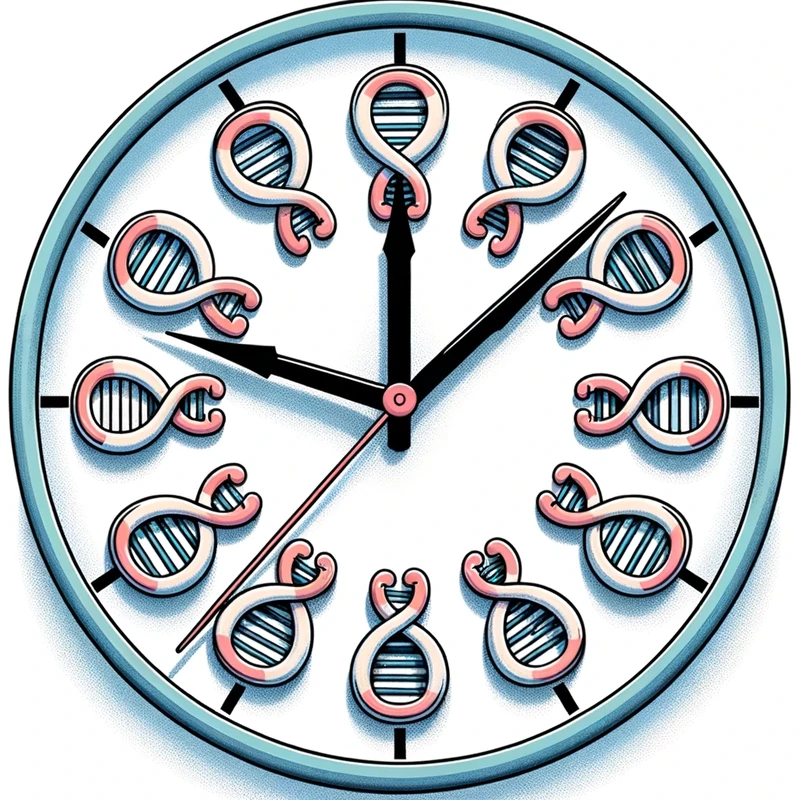 Illustration of a clock face where each hour mark is represented by a chromosome. As the clock hands move clockwise, the telomeres on the chromosomes 