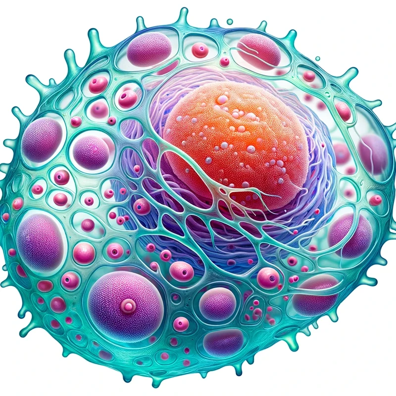 Illustration of a detailed stem cell with a clear membrane and vibrant cytoplasm, showcasing its unique characteristics