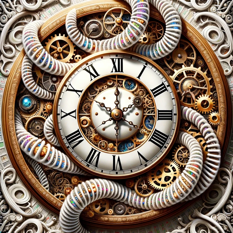 Illustration of a grand, ornate clock where the clock face is replaced by a swirling DNA strand. Around the DNA are gears and cogs that show methylati
