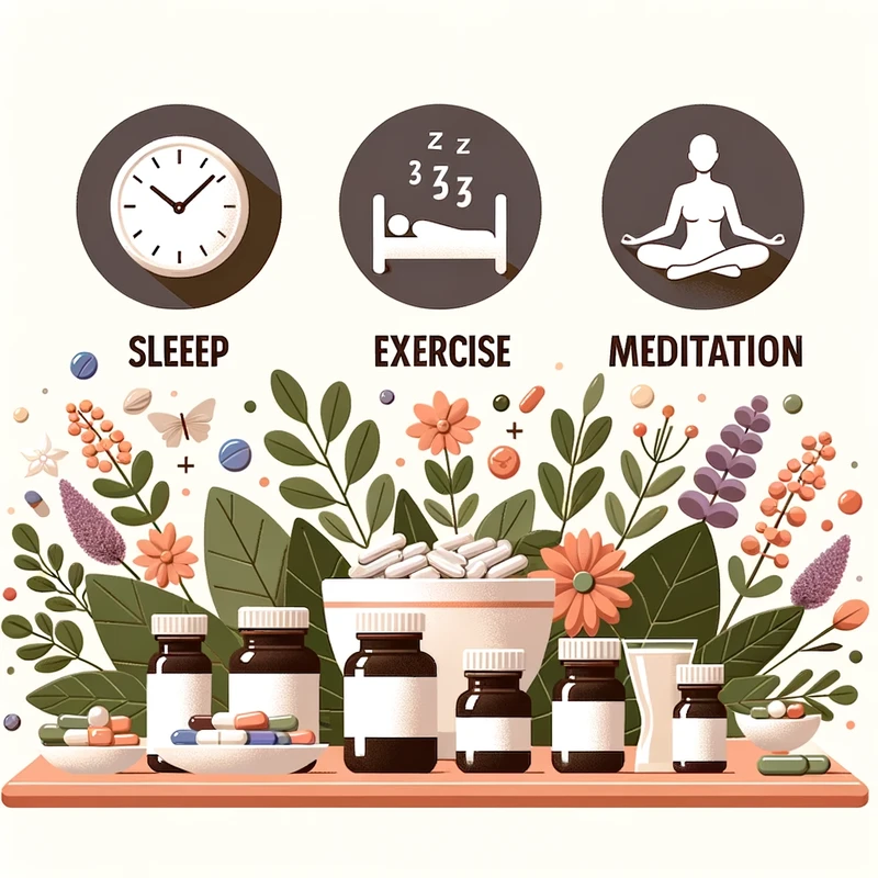Illustration of a table set with an array of natural remedies  supplements, herbal plants, and essential oils. Above the table, icons representing sle