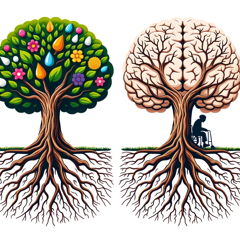 Illustration of an aged tree with strong roots representing a senior’s mind. The tree’s branches and leaves are vibrant on one side, symbolizing posit