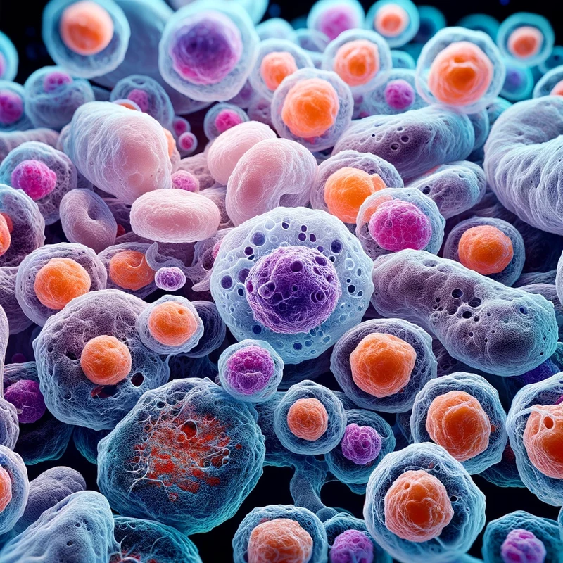 Photo of a microscopic view of a group of cells. Some cells are vibrant and active, while others are faded and static, representing senescent cells. T