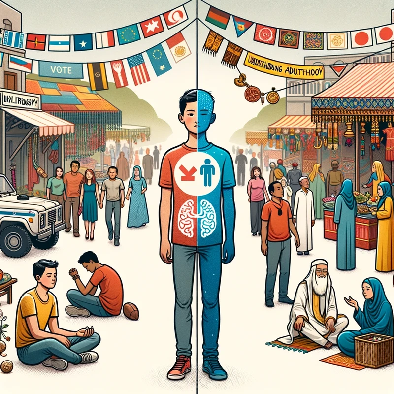 Illustration of a split scene one side showcases a teenager undergoing physiological changes with icons of voting, marriage, and military